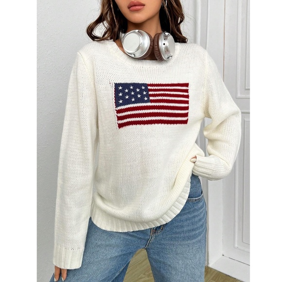 American Flag Knit Off White Pullover Sweater Crew Neck Long Sleeve - Picture 4 of 16